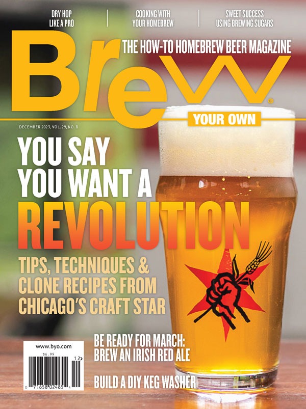 cover image for the December 2023 issue of Brew Your Own magazine with a cover story on Revolution Brewing Co.