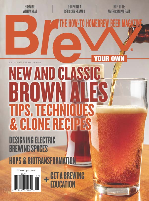 Cover image for the July-August 2023 issue of Brew Your Own magazine with brown ale as the cover story