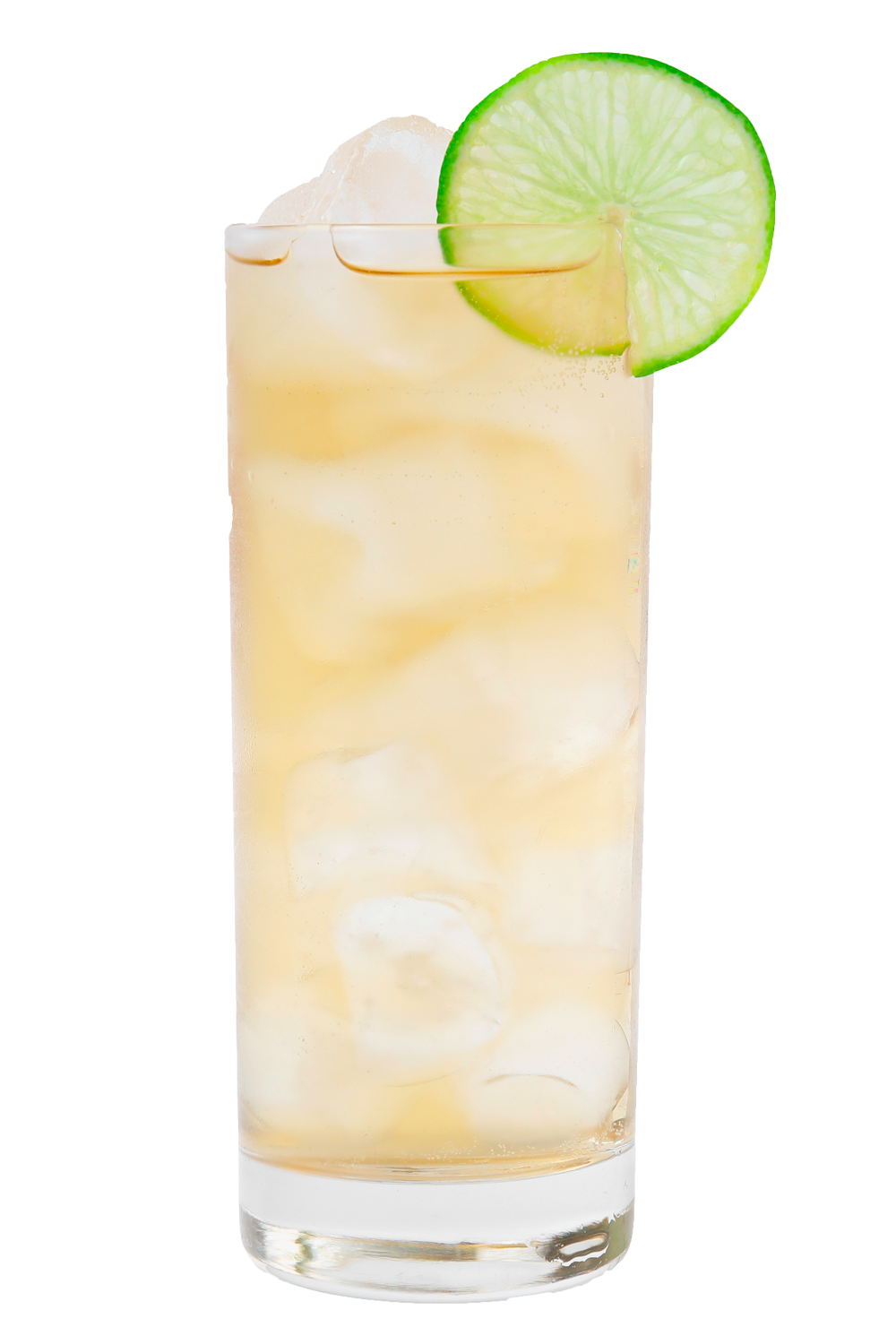 Cocktail with ice and a lime garnish.