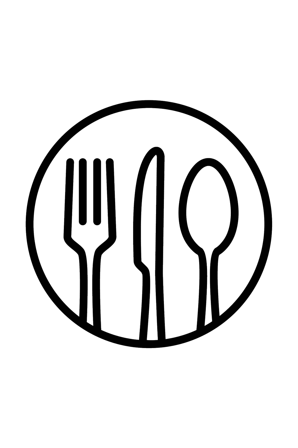 Illustration of a fork, knife, and spoon in a white circle.