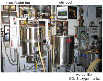 Mash tun, whirlpool, wort chiller, and CO2 and oxygen tanks.