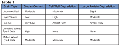 Chart with summary of various malt types and their levels of modification.